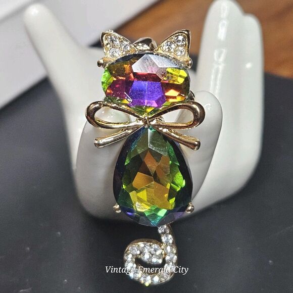 Goldtone Mr. Cat Bow Cyrstal Brooch Rhinestone Tail & Ears Iridescent Kitty Pin - Picture 13 of 13